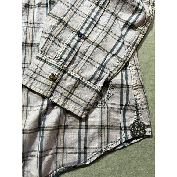 Denim Junkie Button Up Shirt Adult Large Purple Plaid Pocketed Snap Mens - Picture 2 of 13